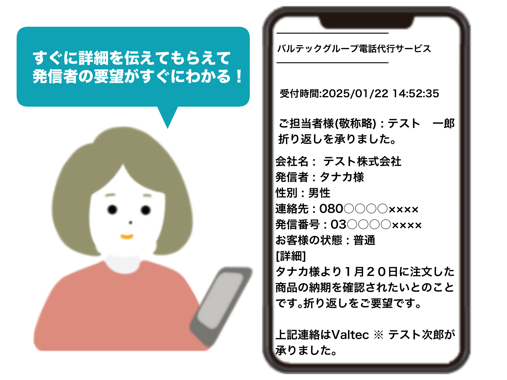 すぐに詳細を伝えてもらえて発信者の要望がすぐにわかる！